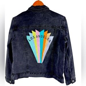 ❤️ Los Angeles.  Black denim jacket PACSun giant LA embroidered back graphic